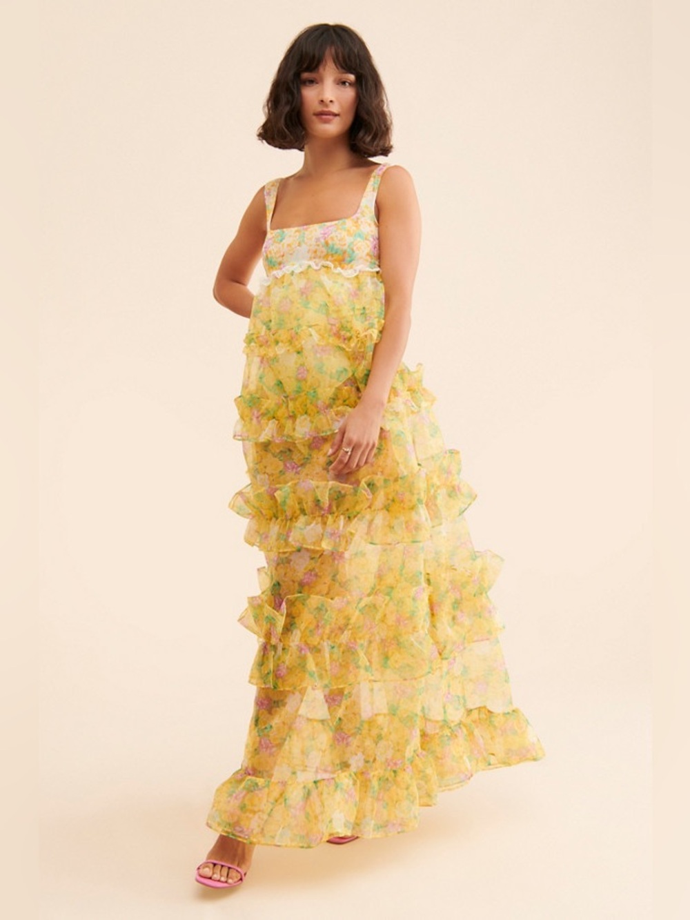 Yellow For Love And Lemons Vikki Floral Ruffle Maxi Dress Size Small NWT